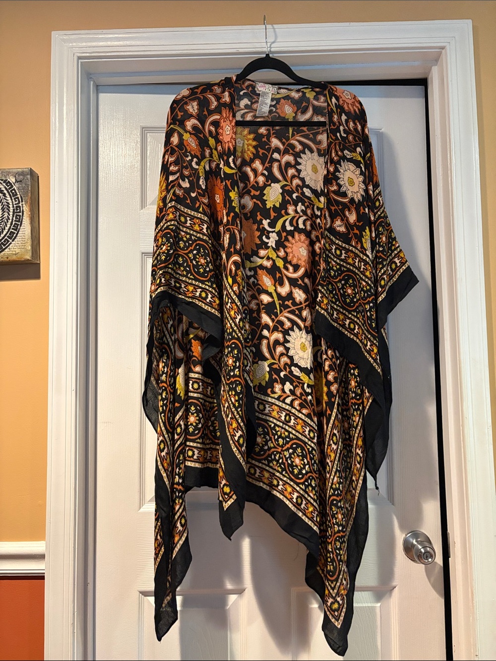 Free People Black Floral Boho Drape Kimono with Warm Accents